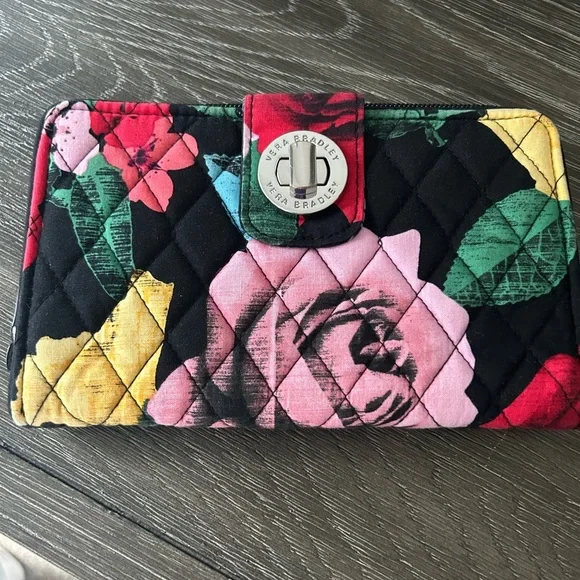Vera Bradley Quilted Floral Wallet - Black, Pink, Yellow - Picture 1 of 3